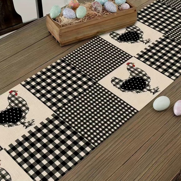 Rooster Hen Table Runner, Black White Buffalo Plaid 13X72  Chicken Chick Gingham - Picture 4 of 5